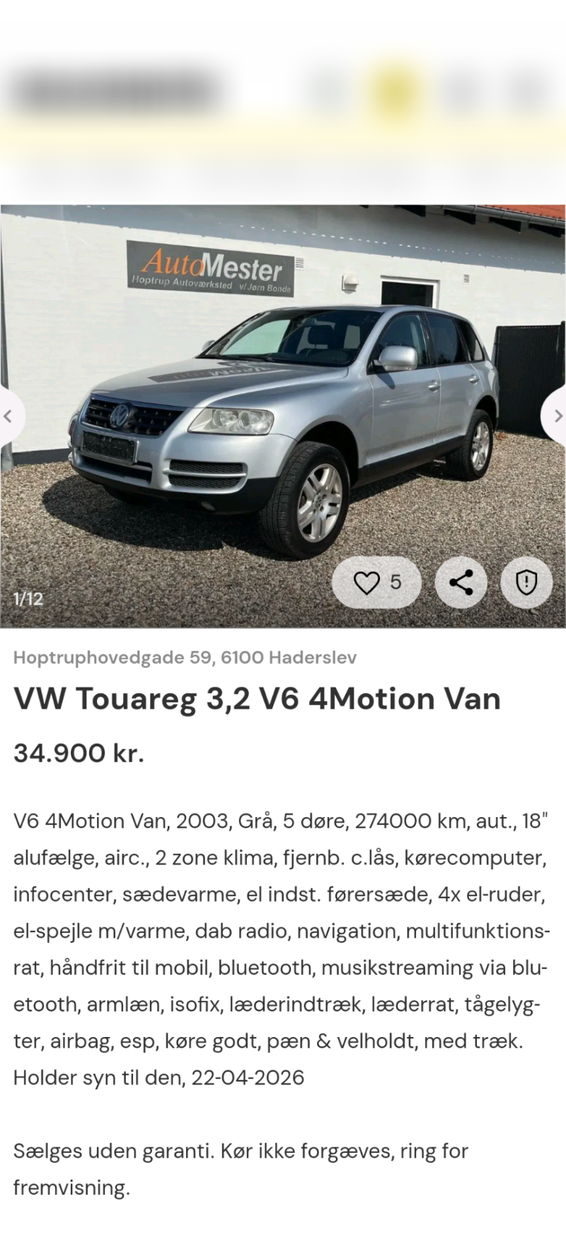 VOLKSWAGEN, TOUAREG, V6 Skrotbil skrotpræmie