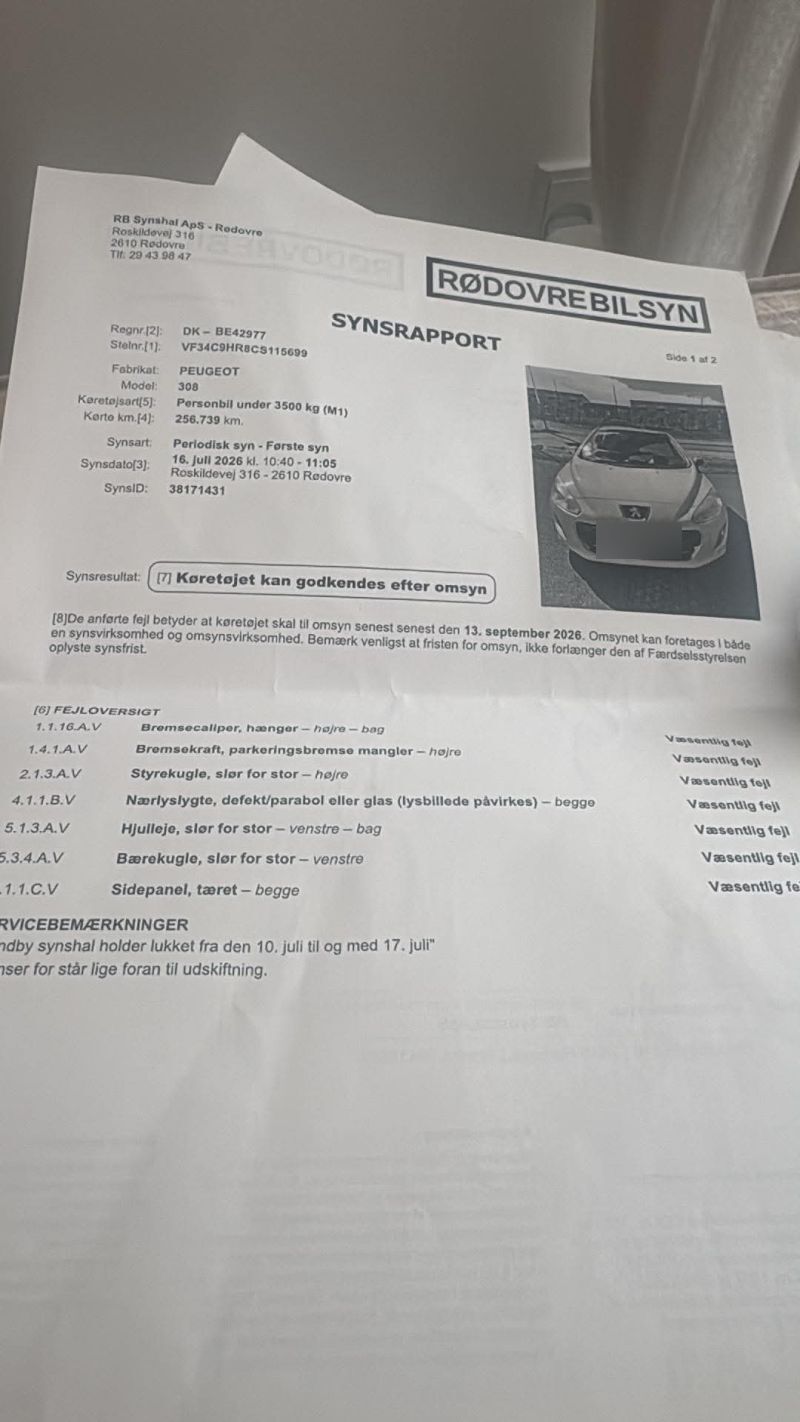 PEUGEOT, 308, 1,6 EHDI 112HK 5.D Skrotbil skrotpræmie